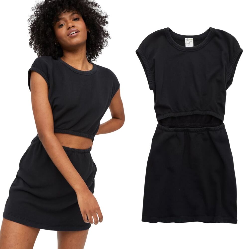 Aerie Offline Weekend Fleece Cut Out Mini Dress Cotton Black NEW Womens